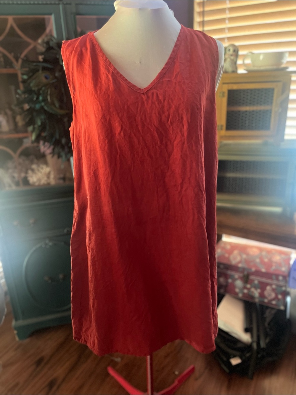 Flax Design Womens Medium Sleeveless V-Neck Red Linen Tank Dress
